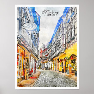Miltenberg Deutschland vintage Reise Aquarell Poster