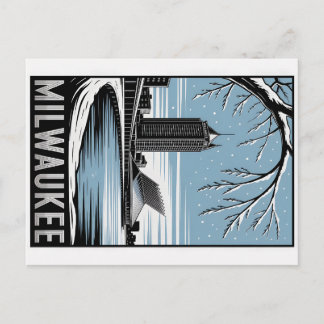 Milwaukee Skyline Schwarz-Weiß-Holzschnitt Winter Postkarte