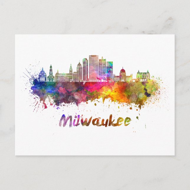 Milwaukee V2 Skyline in Aquarellfarbe Postkarte (Vorderseite)