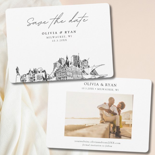 Milwaukee Wedding Modern Save the Date Einladung (Milwaukee Wedding Save the Date with Engagement Photo)