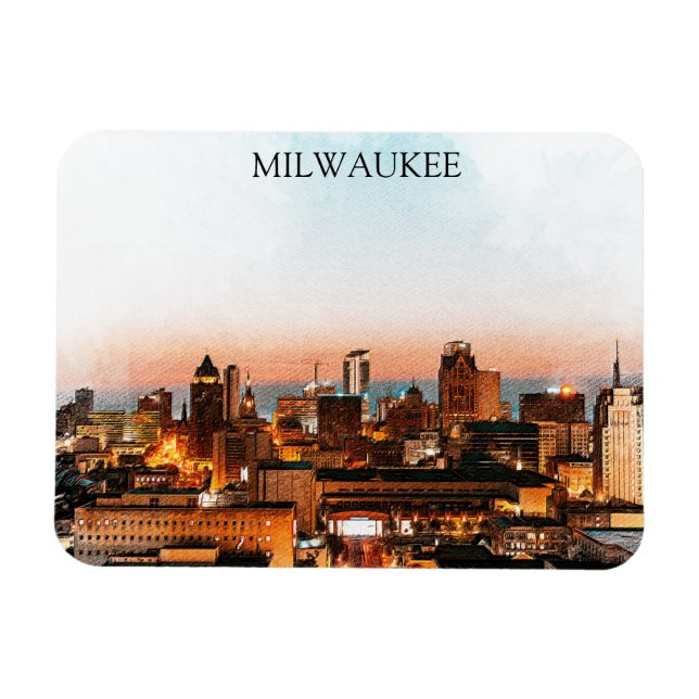 Milwaukee Wisconsin Skyline By Night Arwork Magnet (Horizontal)