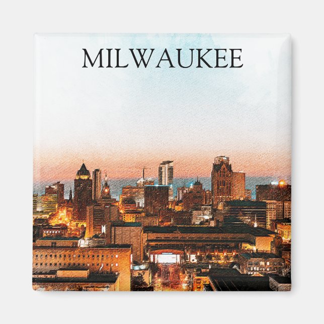 Milwaukee Wisconsin Skyline By Night Arwork Magnet (Vorne)