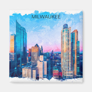 Milwaukee Wisconsin Watercolor Cityscape Travel Magnet