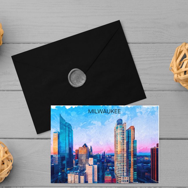 Milwaukee Wisconsin Watercolor Cityscape Travel Postkarte (milwaukee travel postcard)