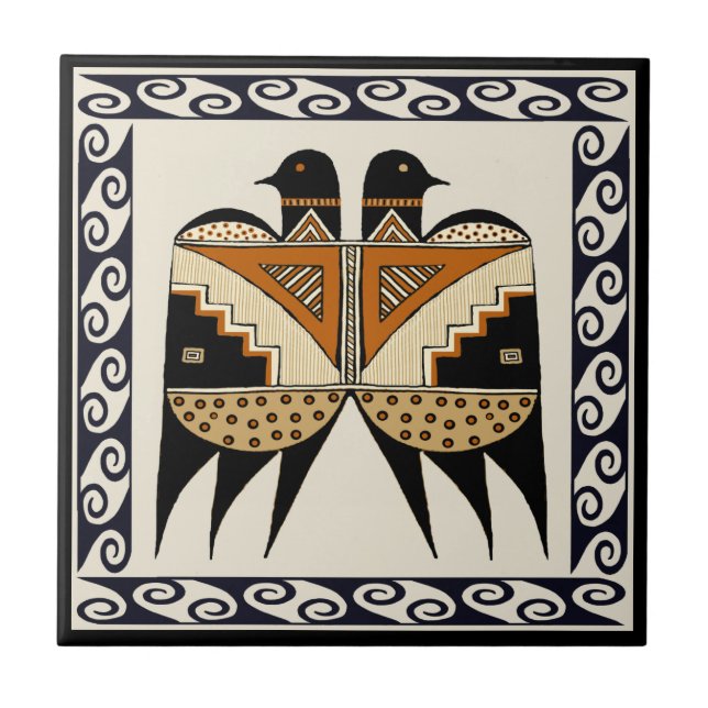 Mimbres Indian Twin Quail Birds Tile Fliese (Vorderseite)