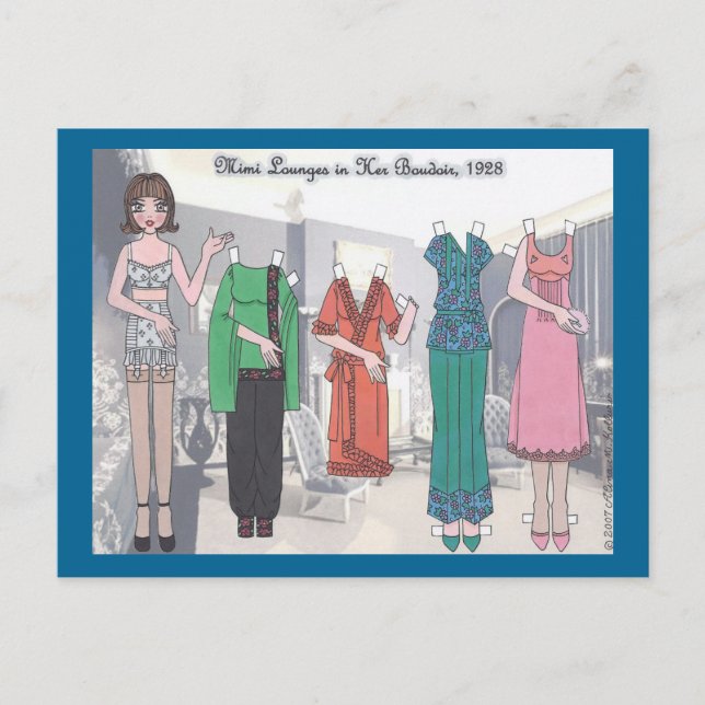 Mimi Lounges in ihrer Boudoir Paper Doll Postkarte (Vorderseite)