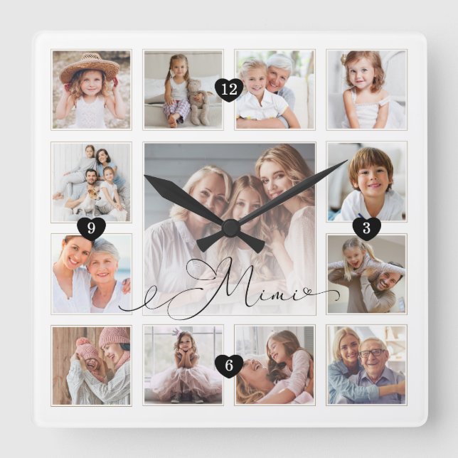 Mimi Script Family Memory Foto Grid Collage Quadratische Wanduhr (Vorderseite)