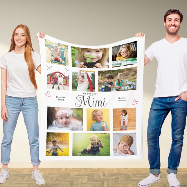 Mimi Wir Liebe Sie Personalisiert Hearts Moderne Fleecedecke (Mimi custom fleece blanket with 12 photos and personalized text.)