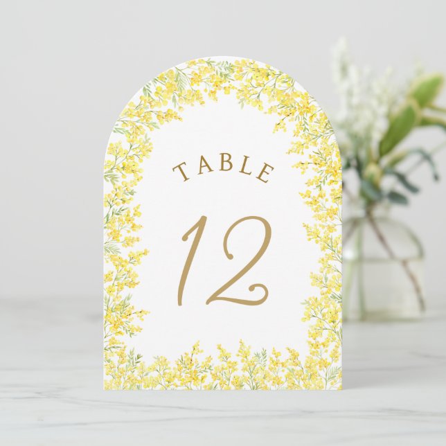 Mimosa Arch Table Number Einladung (Stehend Vorderseite)