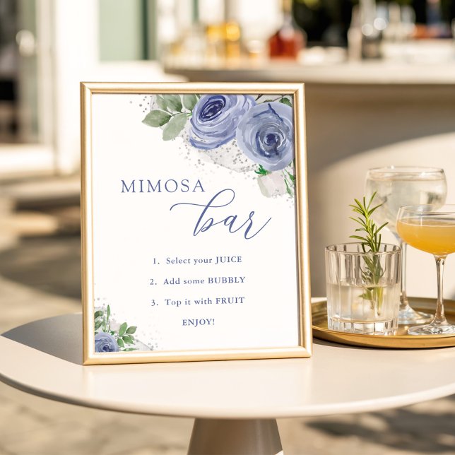 Mimosa Bar, Blue and Silver Floral Baby Dusche Poster (Von Creator hochgeladen)
