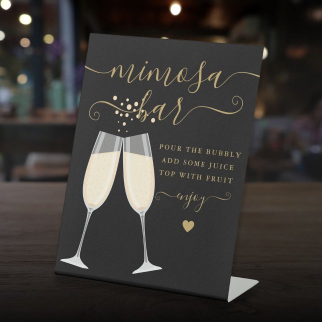 Mimosa Bar Brautparty Hochzeit Schwarz und Gold Sockelschild (Mimosa Bar Bridal Shower Wedding Black And Gold Pedestal Sign)