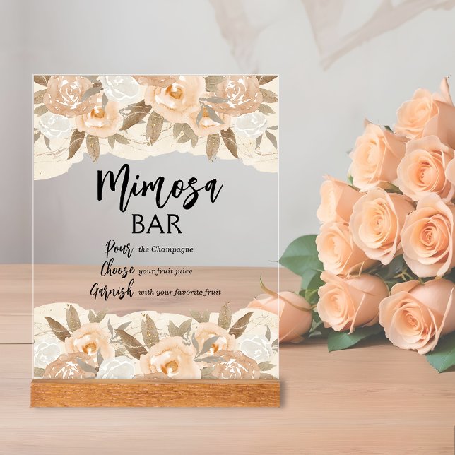 Mimosa Bar Peach Blume Brautparty Acrylschild (Mimosa Bar bridal shower clear acrylic sign with rustic peach flowers and leaves on top and bottom)
