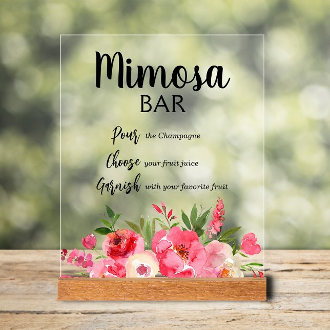 Mimosa Bar Pink Peonies Brautparty Acrylschild (Mimosa Bar bridal shower tabletop acrylic sign with pink and cream flowers and greenery)