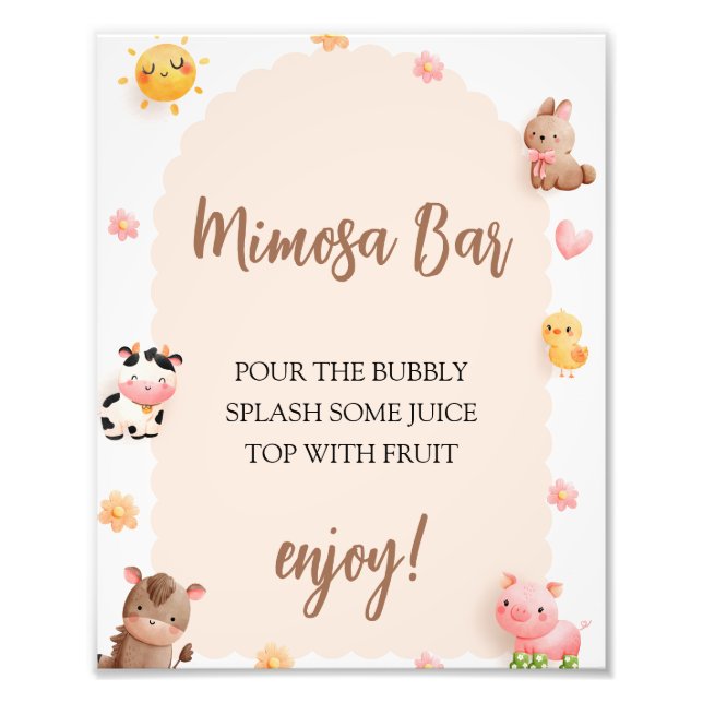 Mimosa Bar Sign Farm Animals Baby Dusche Fotodruck (Vorne)