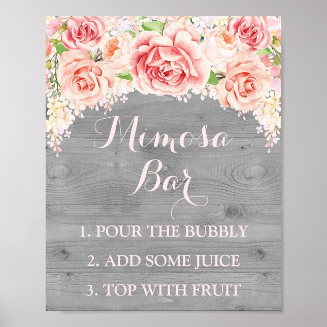 Mimosa Bar Sign Pink Wasserfarbe Blume Holz Poster (Vorne)