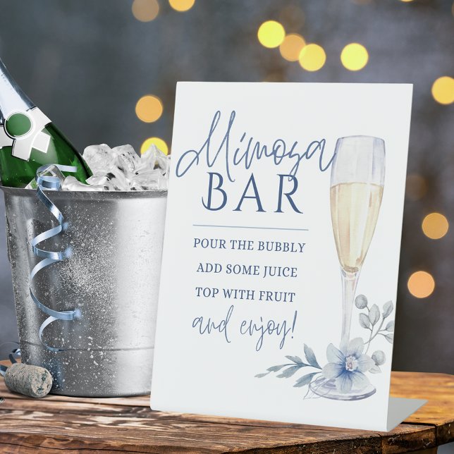 Mimosa Bar Watercolor Blauer Champagner Sockelschild (Elegant Blue Watercolor Flower and Champagne Table Pedestal Sign for Bridal Shower or Weddings)
