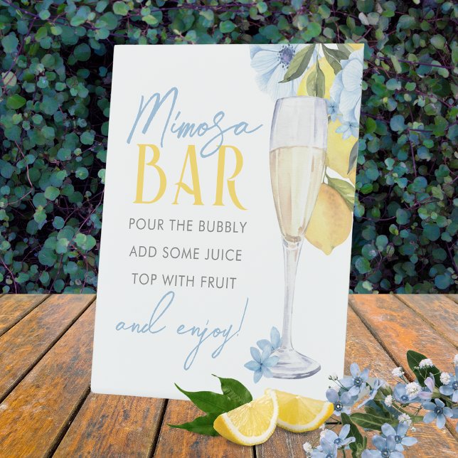 Mimosa Bar Watercolor Lemon Stehend Sockelschild (Lemons and Blue Flowers Mimosa Pedestal Sign. Perfect for a Lemon Baby Shower or Main Squeeze Bridal)