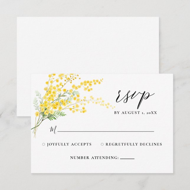 Mimosa Spring Flowers Yellow Floral Wedding RSVP Karte (Vorne/Hinten)