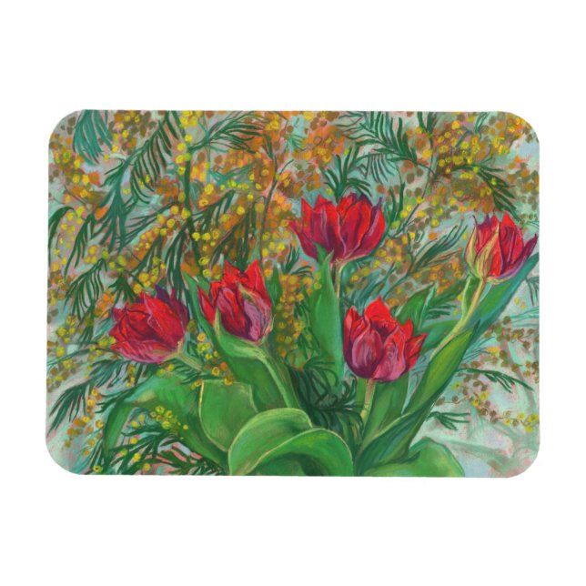 Mimosa und Tulips, Frühlingsblumen, Blumengemälde Magnet (Horizontal)