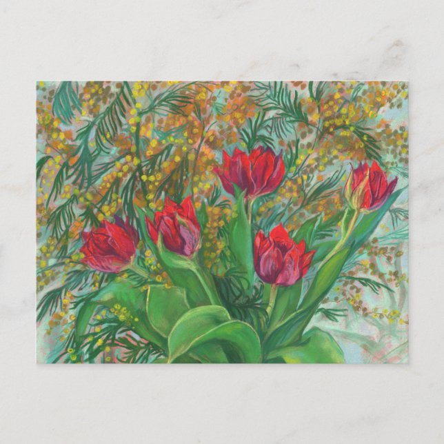 Mimosa und Tulips, Frühlingsblumen, Blumengemälde Postkarte (Vorderseite)