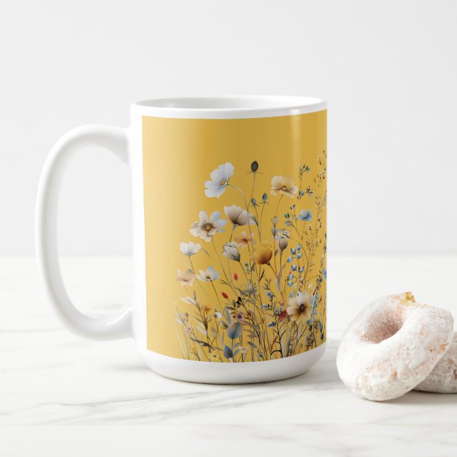 Mimosa Yellow Summer Floral Border Kaffeetasse (Mit Donut)
