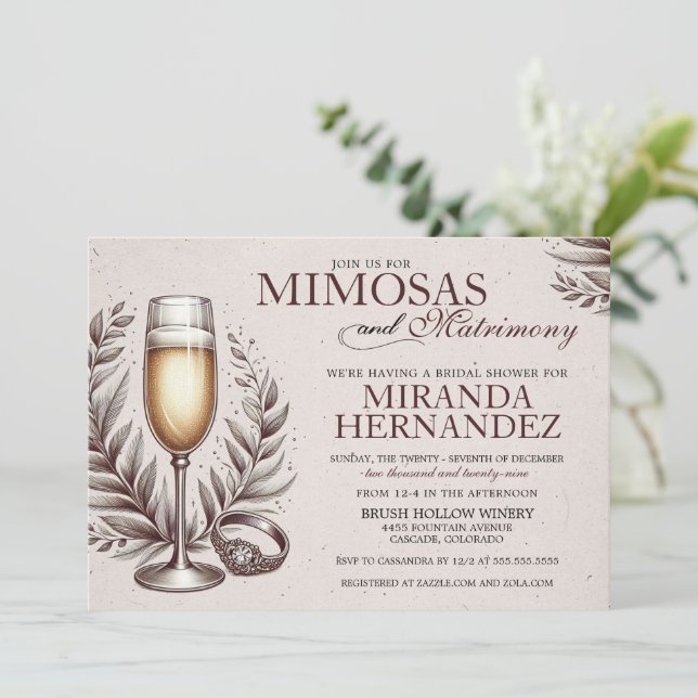 Mimosas & Matrimony Brautparty Einladung (Stehend Vorderseite)