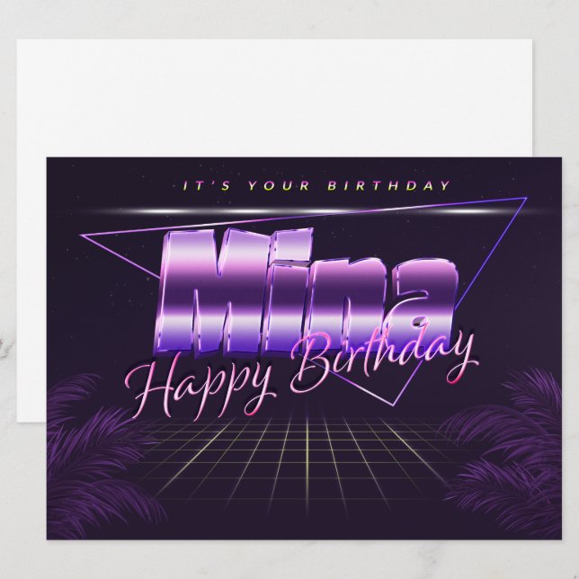 Mina Name Vorname lila retro Karte Geburtstag (Vorne/Hinten)