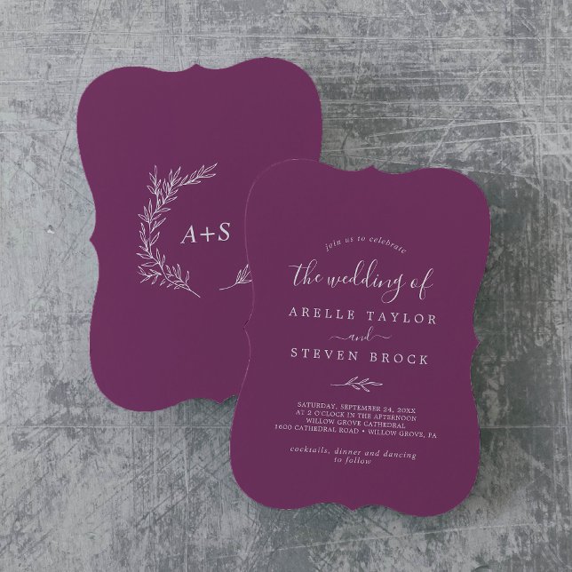 Mindestleaf | Berry Lila Monogram Back Wedding Einladung (Von Creator hochgeladen)