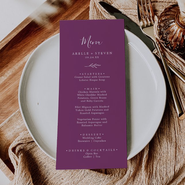 Mindestleaf | Berry Lila Wedding Dinner Menu Menükarte (Von Creator hochgeladen)