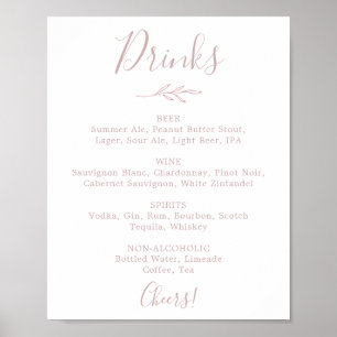 Mindestleaf Blush Pink Wedding Drinks Menü-Zeich Poster