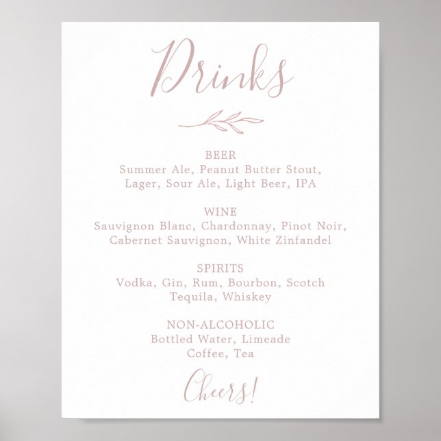 Mindestleaf | Blush Pink Wedding Drinks Menü-Zeich Poster (Vorne)