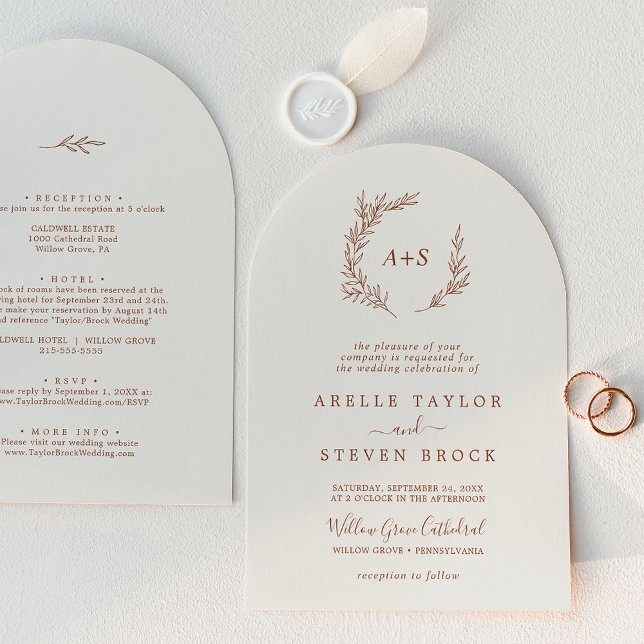Mindestleaf | Boho Cream Arch auf einer Hochzeit Einladung (Minimal Leaf | Boho Cream Arch All In One Wedding Invitation)