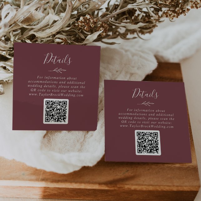 Mindestleaf | Burgund QR Code Hochzeitdetails Begleitkarte (Von Creator hochgeladen)