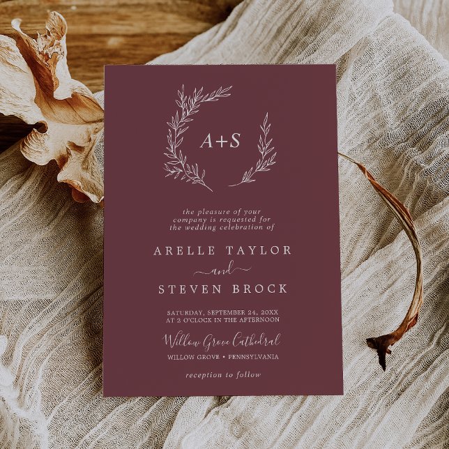 Mindestleaf | Burgundy Formal Monogram Wedding Einladung (Von Creator hochgeladen)