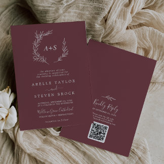 Mindestleaf | Burgundy Monogram QR Code Wedding Einladung