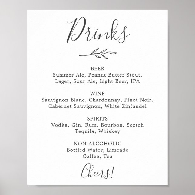 Mindestleaf | Dark Gray Wedding Drinks Menu Sign Poster (Vorne)