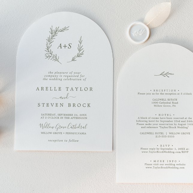 Mindestleaf | Der grüne Olive Arch auf einer Hochz Einladung (Minimal Leaf | Olive Green Arch All In One Wedding Invitation)