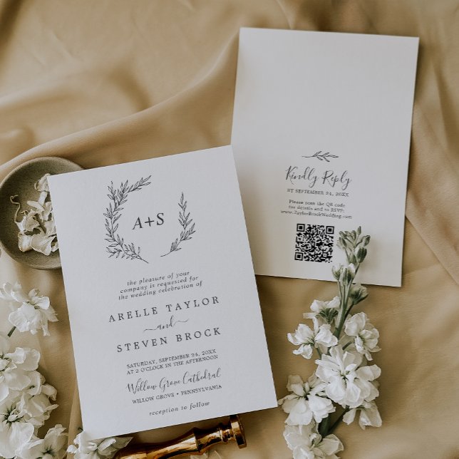 Mindestleaf | Dunkelgraue Monogram QR Code Wedding Einladung (Von Creator hochgeladen)