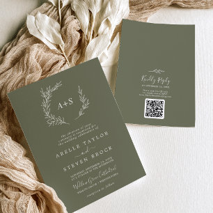 Mindestleaf Dunkelgrüne Monogram QR Code Wedding Einladung