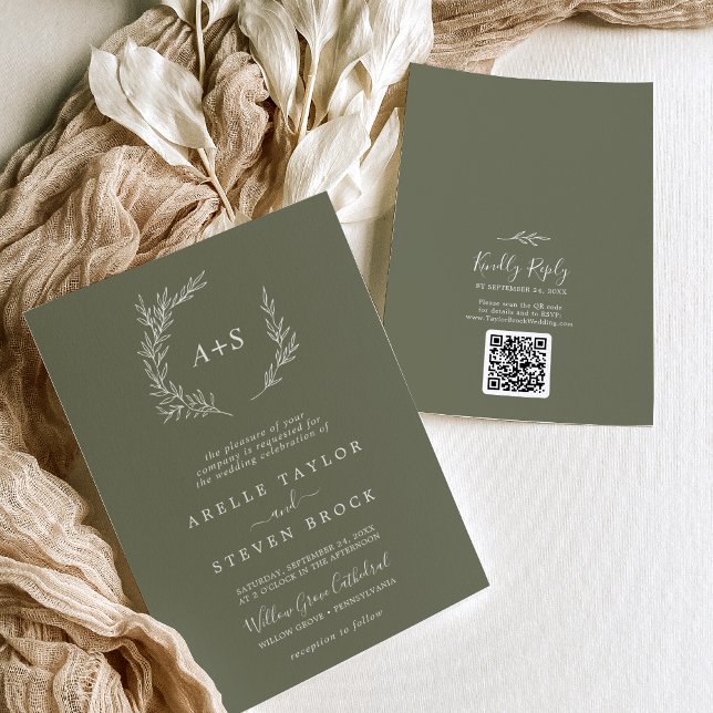 Mindestleaf | Dunkelgrüne Monogram QR Code Wedding Einladung (Von Creator hochgeladen)