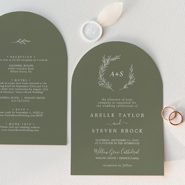 Mindestleaf | Dunkelgrüner Bogen auf einer Hochzei Einladung (Minimal Leaf | Dark Green Arch All In One Wedding Invitation)