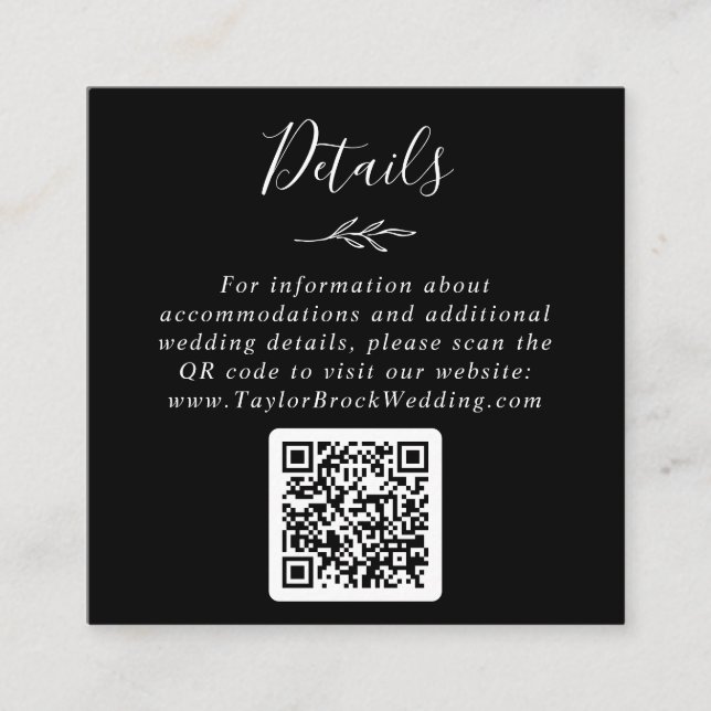 Mindestleaf | Dunkle schwarze QR Code Hochzeitdeta Begleitkarte (Vorderseite)