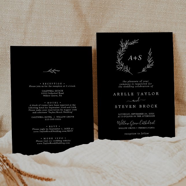 Mindestleaf | Dunkles Schwarz in einer Hochzeit Einladung (Minimal Leaf | Dark Black All In One Wedding Invitation)