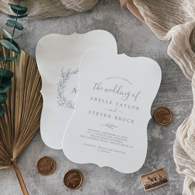 Mindestleaf | Dusty Blue Monogram Back Wedding Einladung (Von Creator hochgeladen)