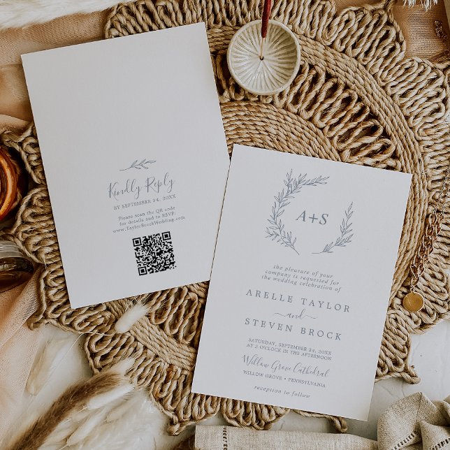 Mindestleaf | Dusty Blue Monogram QR Code Wedding Einladung (Von Creator hochgeladen)