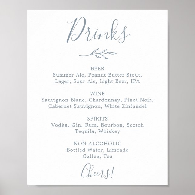 Mindestleaf | Dusty Blue Wedding Drinks Menu Sign Poster (Vorne)