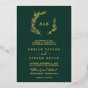 Mindestleaf Gold Foil Emerald Monogram Wedding Folieneinladung