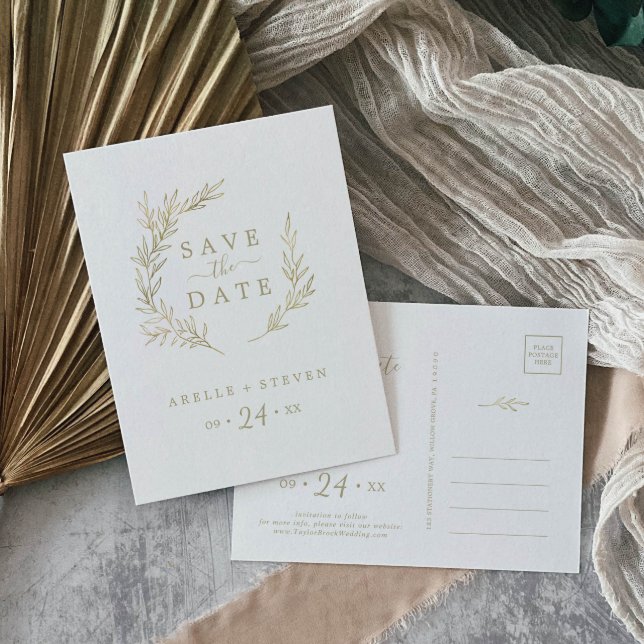 Mindestleaf | Gold Save the Date Einladungspostkarte (Von Creator hochgeladen)