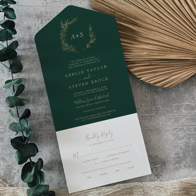 Mindestleaf | Gold und Emerald Wedding All In One Einladung (Von Creator hochgeladen)