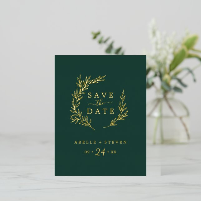 Mindestleaf | Goldfolie Smarald Save the Date Folie Einladungspostkarte (Stehend vorne)
